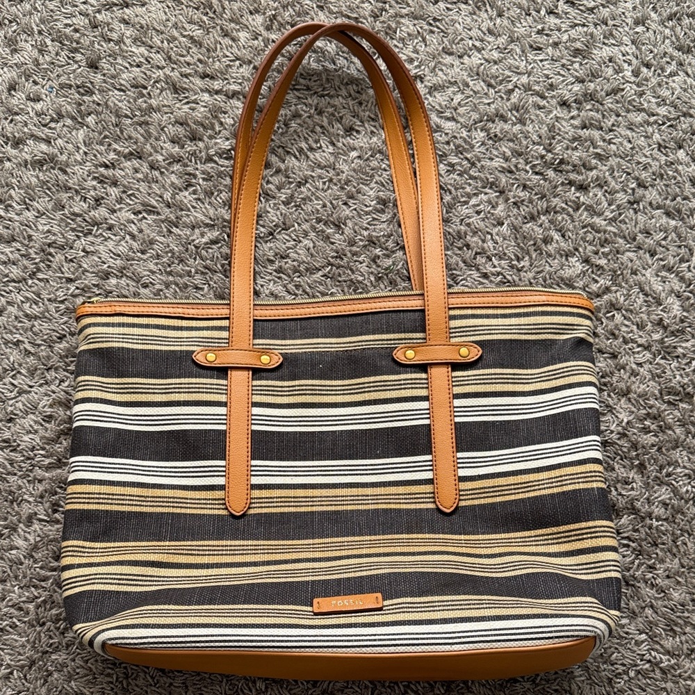 Fossil Black and Tan Striped Tote